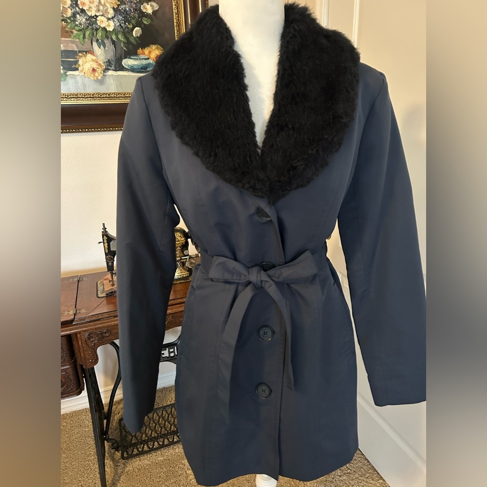 Dennis Basso Women's Dark Blue Faux Fur Collar Coat